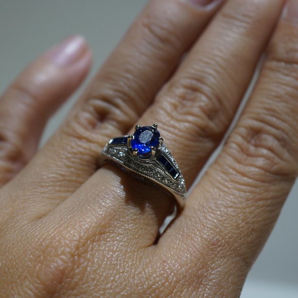 14KW Gold Genuine Blue Sapphire & Diamond Ring - Picture 8 of 9